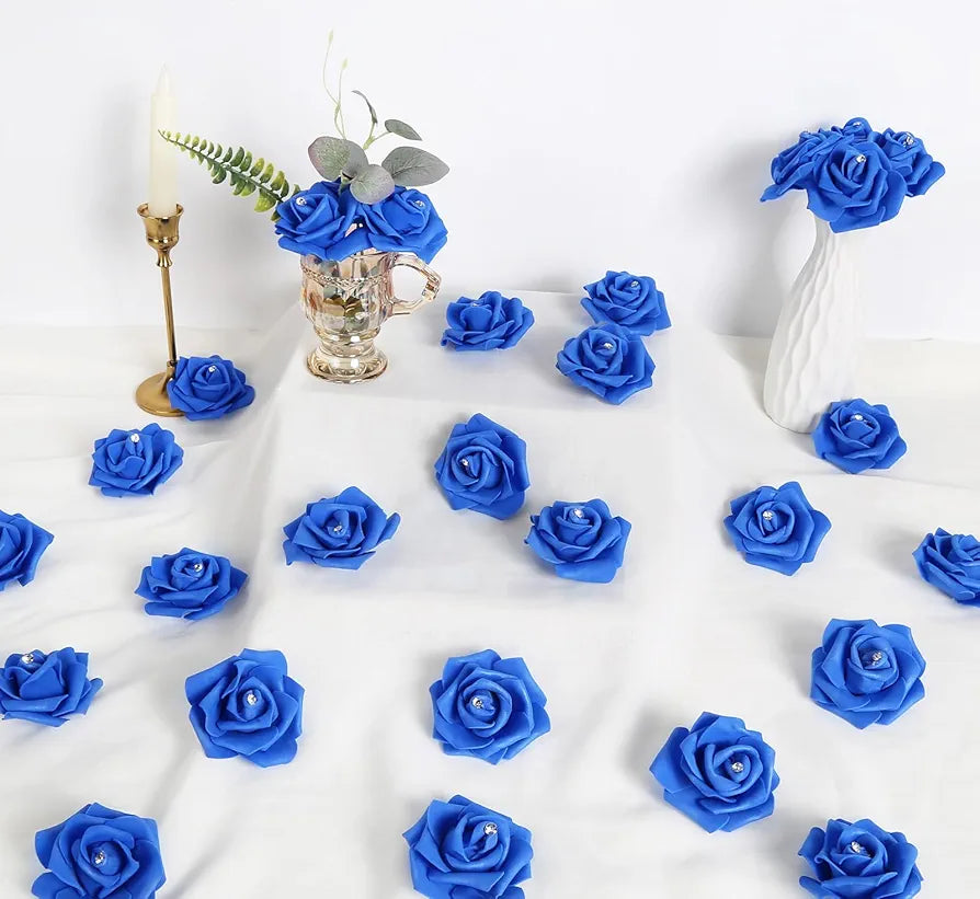 100pcs Royal Blue Artificial Rose Heads with Crystal 3in Real Looking Foam Fake Roses