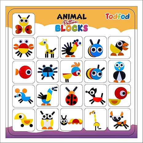 TodFod Wooden Animal Puzzle Pattern Blocks with 21 Activity Cards Educational Learning Tangram Toy for Kids