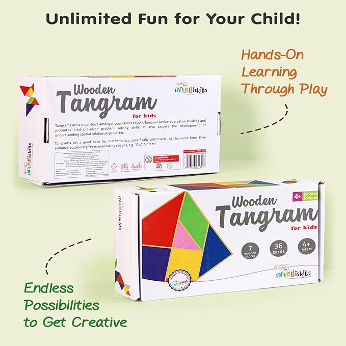 Firstcry Intelliskills Intelliskills 43 Pieces Wooden Tangram Puzzle | 7 Blocks With 36 Activity Cards Montessori Educational Gift for Kids