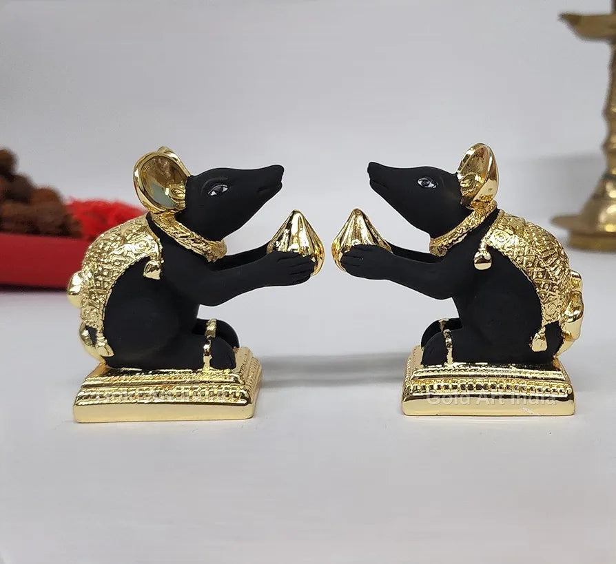 Gold Art India Gold-Plated Mushak Mouse Pair with Modak Black Terracot ...