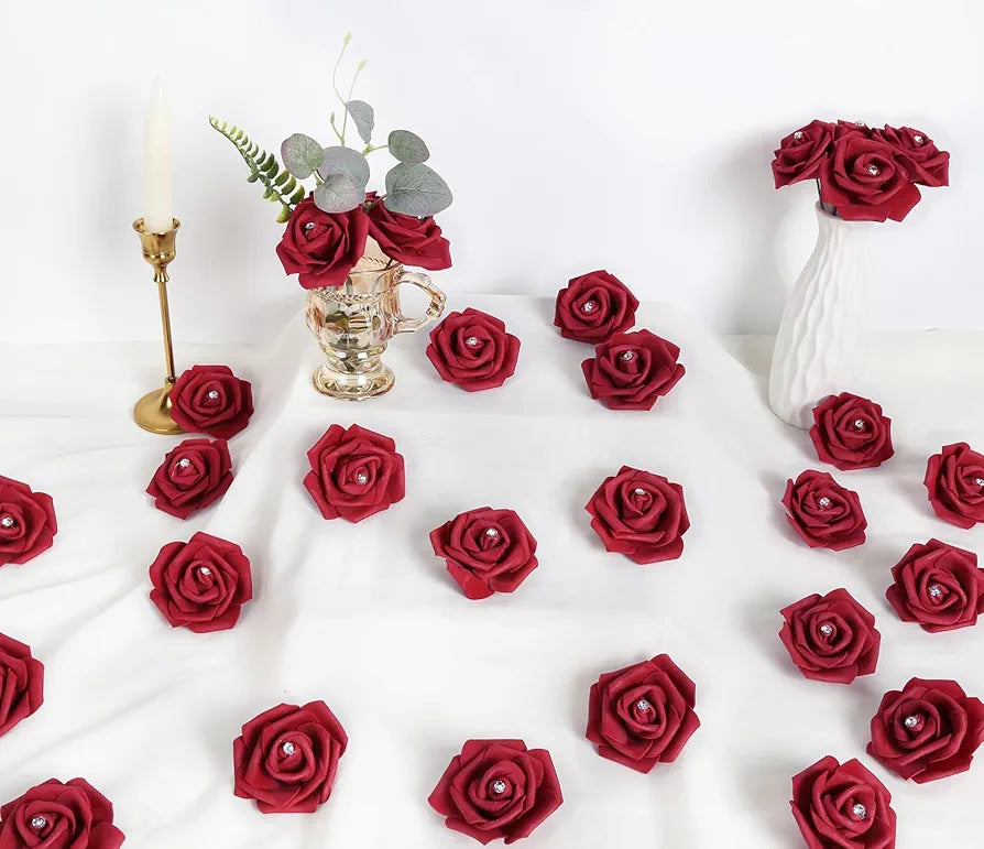 100PCS Burgundy Rose Artificial Flower Heads 3in Real Looking Stemless Foam Roses Fake Flowers Bulk with Crystal Burgundy With Crystal