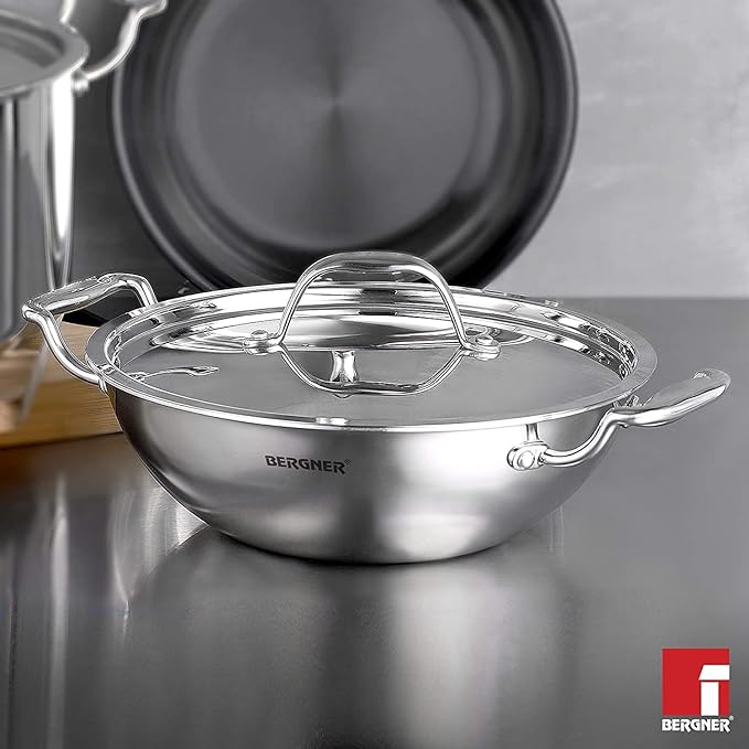 Bergner Argent Triply Stainless Steel 28 Cm Deep Kadai With Stainless Steel Lid | 5.7 L Deep Kadhai With Lid