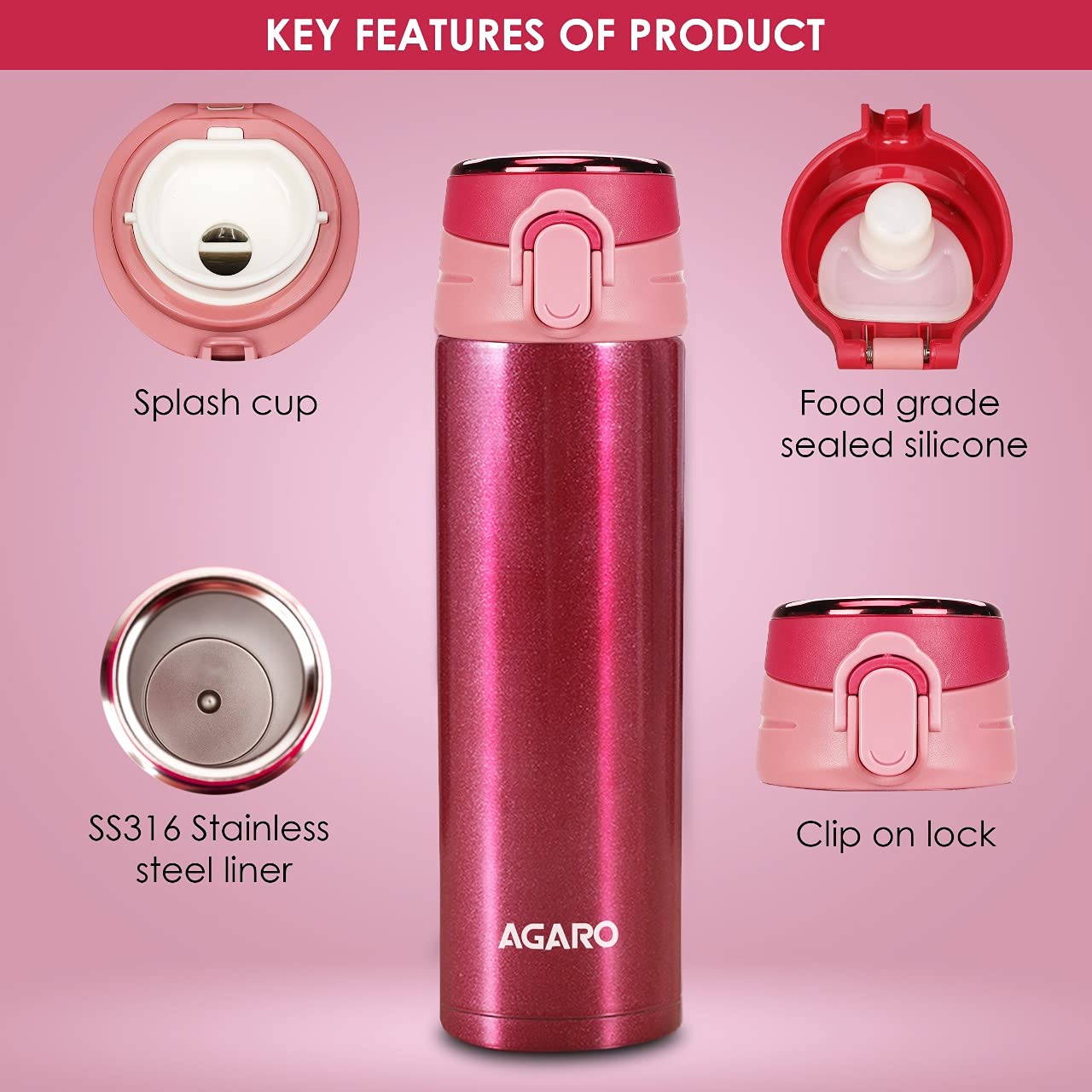 Agaro Galaxy Stainless Steel Vacuum Flask 500 ml | Dual Insulation with Copper Coating, Leak and Rust Proof, Hot and Cold upto 16hrs, (Cherry Red)