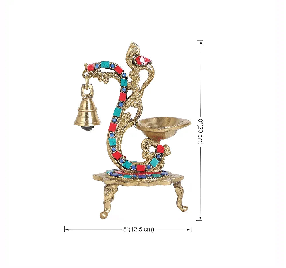 Two Moustaches Gemstone Work Ethnic Carved Peacock Design Brass Diya with Bell