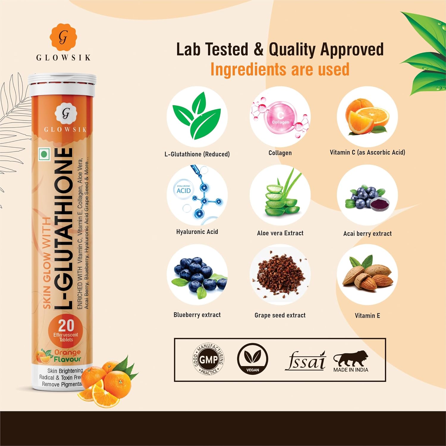 G- Glowsik Glutathione Tablets - 20 Effervescent Tabs for Skin, Reduced Glutathione With Collagen Vitamin C | Orange Flavour | Pack of 2