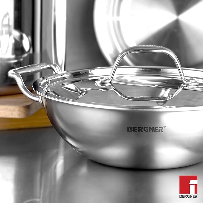 Bergner Argent Triply Stainless Steel 36 Cm Kadai With Stainless Steel Lid