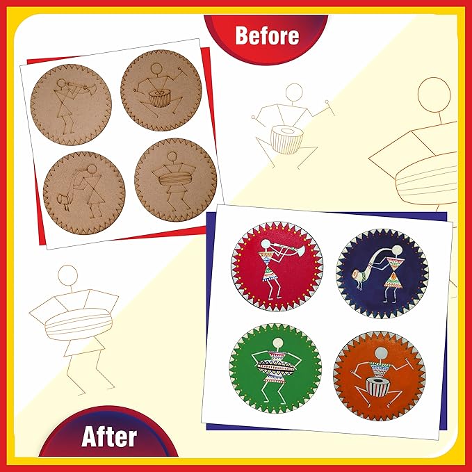 Solobolo Warli Art Painting Kit | Decorative Fridge Magnets for Kitchen | 4 Pre Marked Diy Painting Kit Fridge Magnets