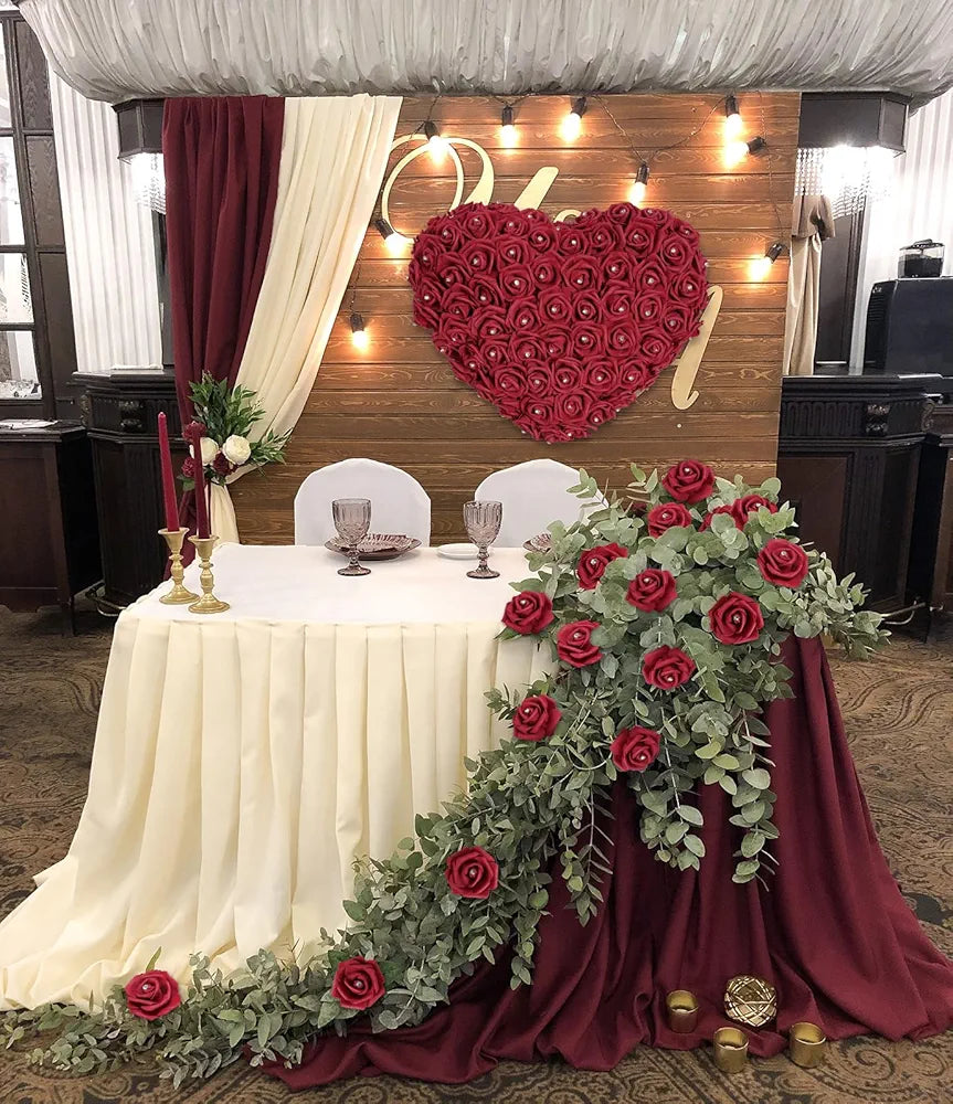 100PCS Burgundy Rose Artificial Flower Heads 3in Real Looking Stemless Foam Roses Fake Flowers Bulk with Crystal Burgundy With Crystal