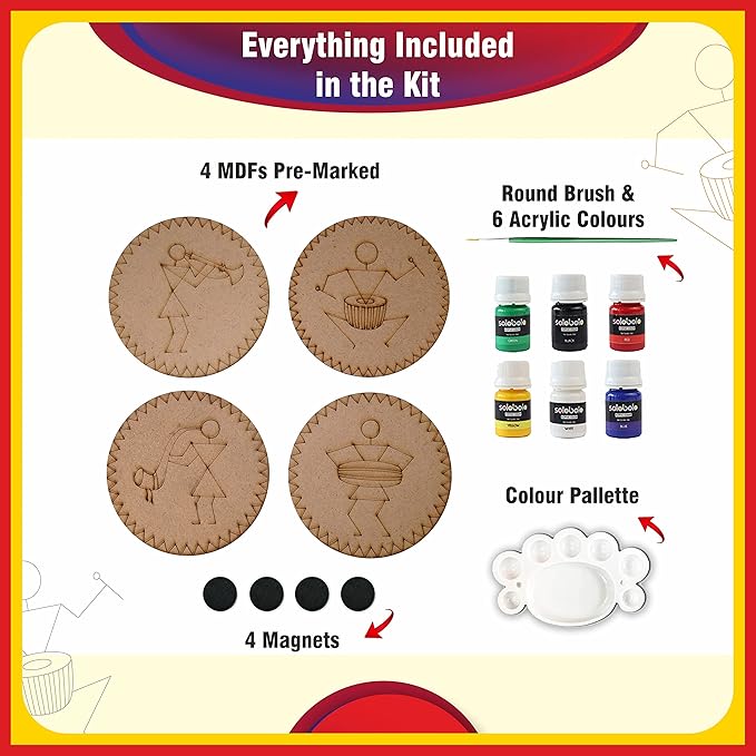 Solobolo Warli Art Painting Kit | Decorative Fridge Magnets for Kitchen | 4 Pre Marked Diy Painting Kit Fridge Magnets