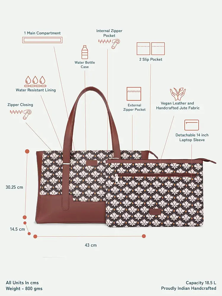 Zouk Vegan Leather Maya Multitasker Tote Bag With Detachable Laptop Sleeve