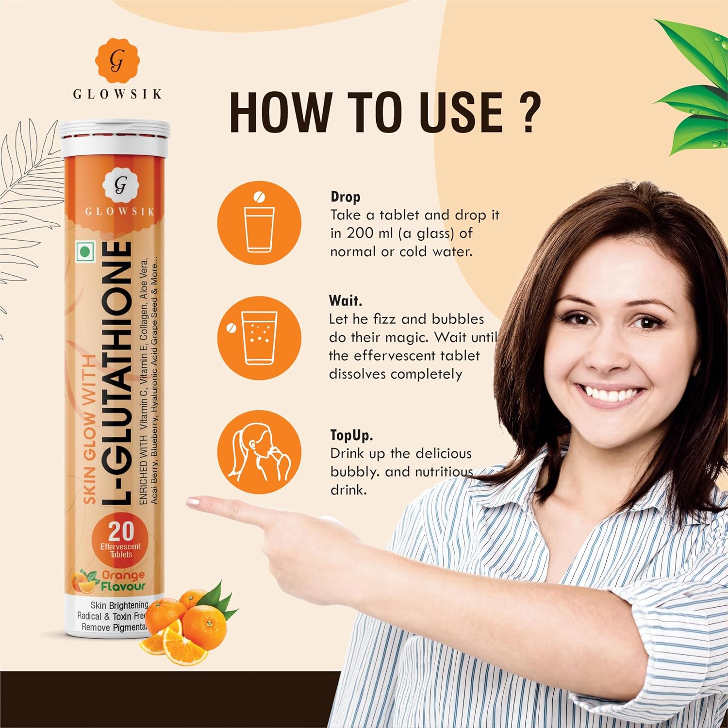 G- Glowsik Glutathione Tablets - 20 Effervescent Tabs for Skin, Reduced Glutathione With Collagen Vitamin C | Orange Flavour | Pack of 2