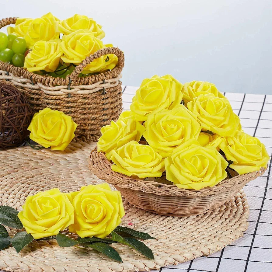 100 Pcs Artificial Rose Flower Heads Real Looking Ivory White Foam Fake Roses Yellow