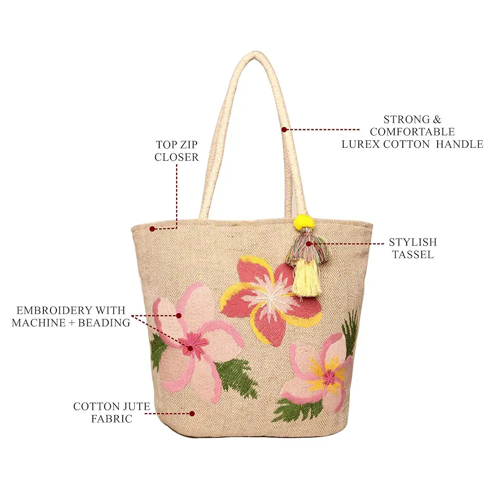 Astrid Embroidered Floral Jute Tote Bag for Women and Girls