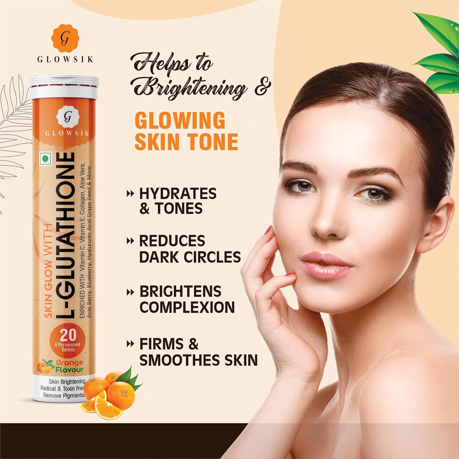 G- Glowsik Glutathione Tablets - 20 Effervescent Tabs for Skin, Reduced Glutathione With Collagen Vitamin C | Orange Flavour | Pack of 2