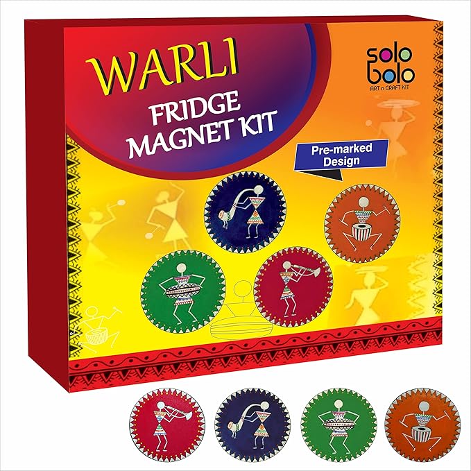 Solobolo Warli Art Painting Kit | Decorative Fridge Magnets for Kitchen | 4 Pre Marked Diy Painting Kit Fridge Magnets