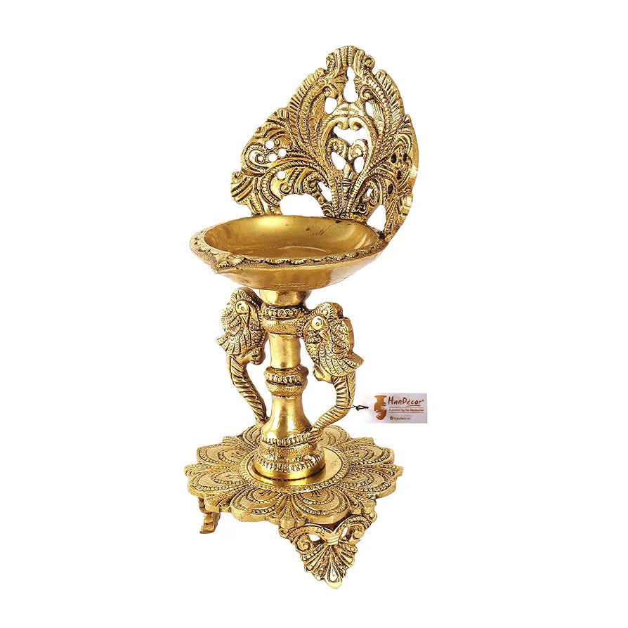 Two Moustaches 9 Inches Ethnic Twin Peacock Design Brass Oil Diya with Base