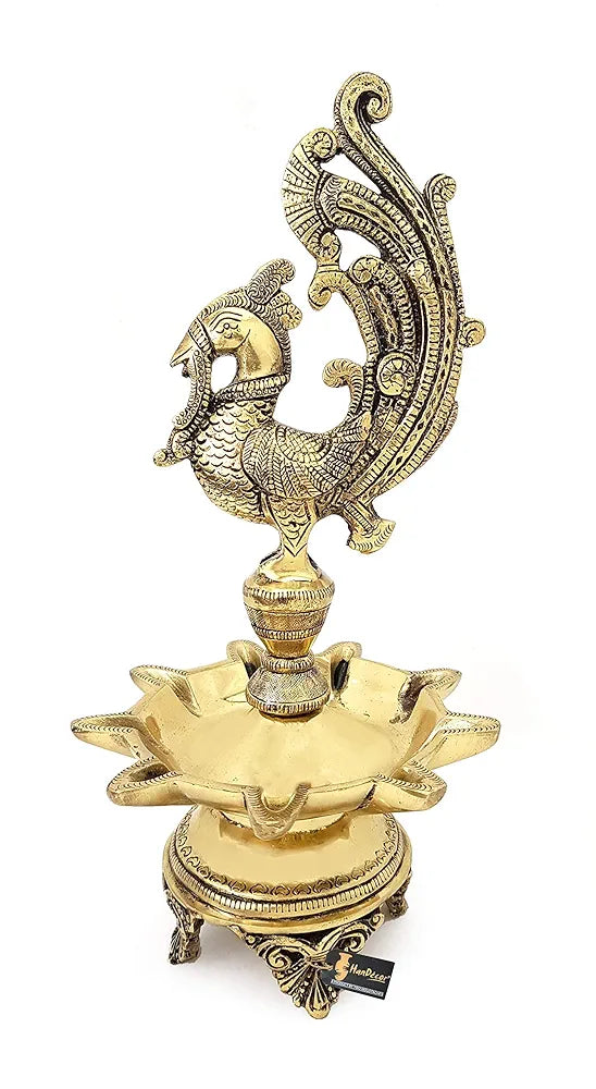 Two Moustaches Peacock Design 9 Oil Wick Brass Diya