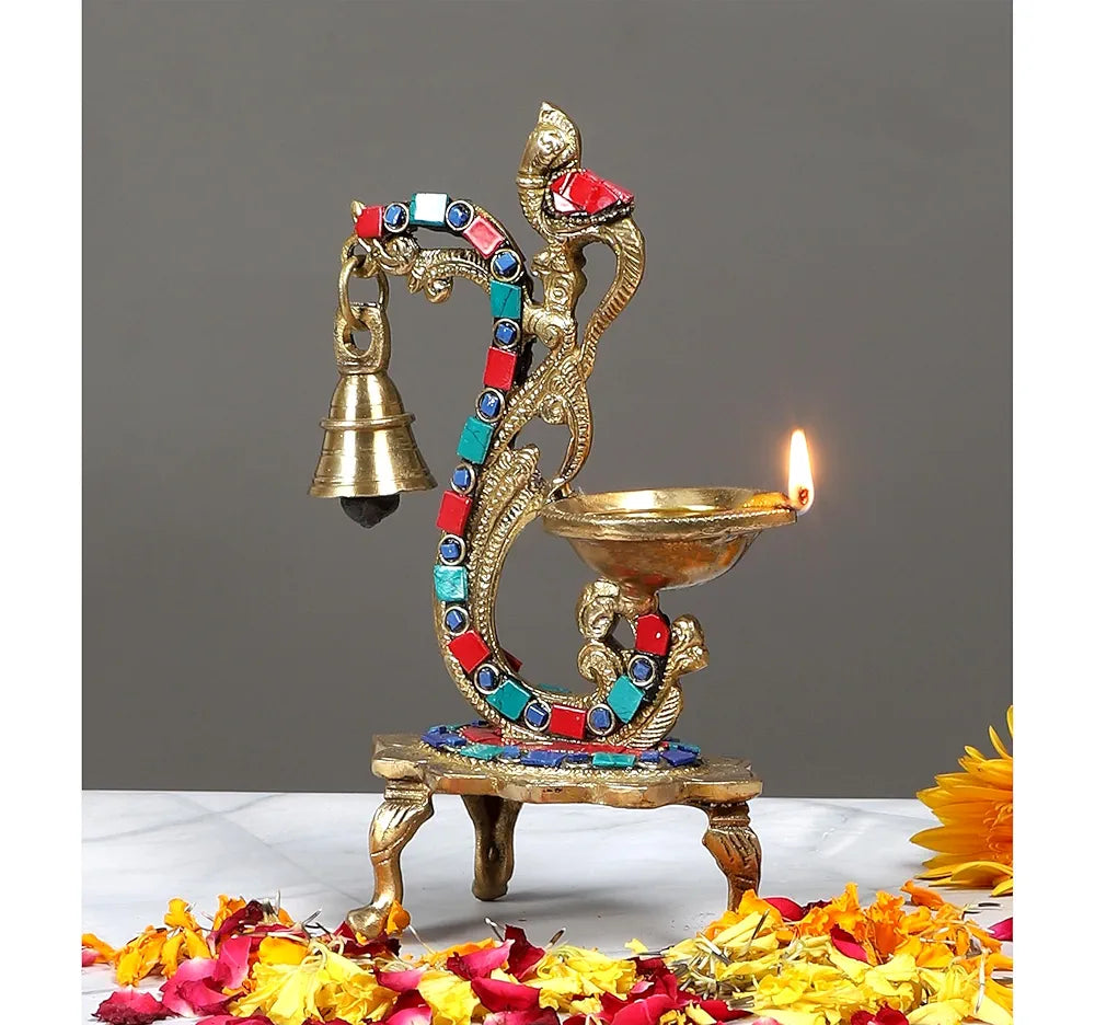 Two Moustaches Gemstone Work Ethnic Carved Peacock Design Brass Diya with Bell
