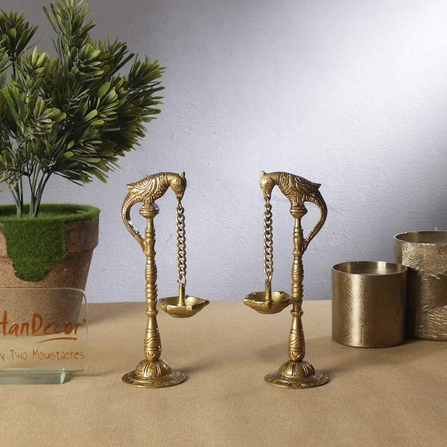 Two Moustaches Parrot Design 7.5 Inches Brass Hanging Diya Pair