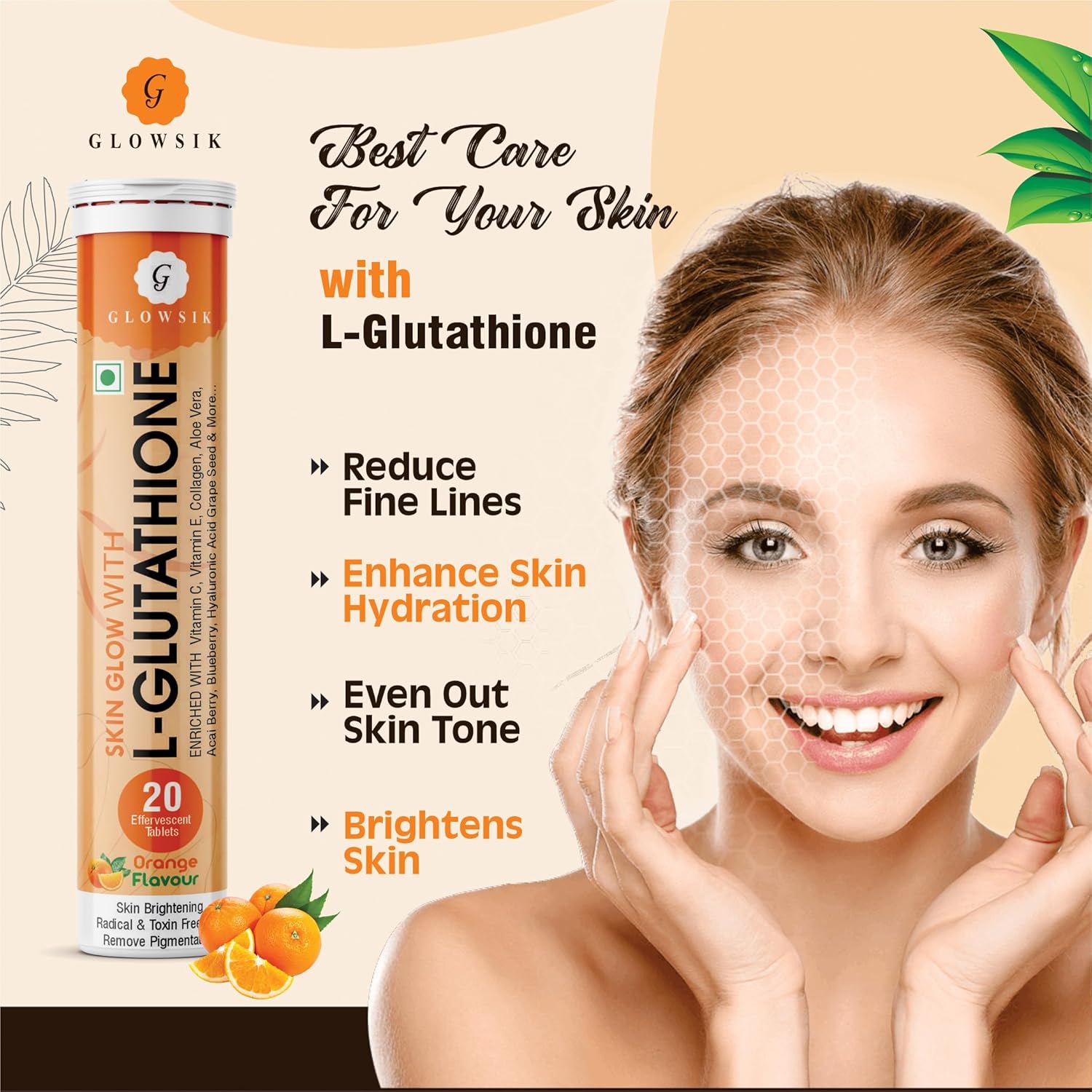 G- Glowsik Glutathione Tablets - 20 Effervescent Tabs for Skin, Reduced Glutathione With Collagen Vitamin C | Orange Flavour | Pack of 2