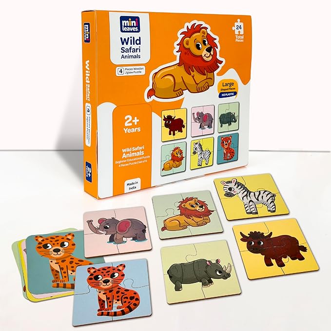 Mini Leaves 4 Piece Wooden Puzzle for Kids | Set of 6 Wild Animals Jig ...