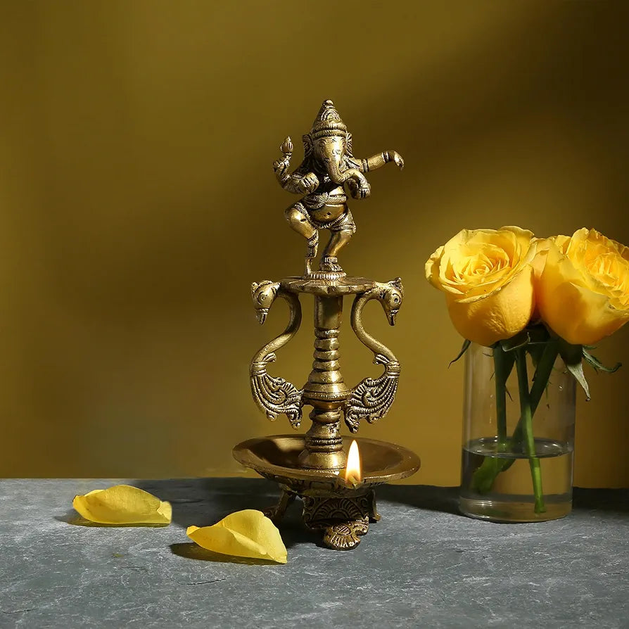 Two Moustaches Brass Dancing Ganesha Oil Diya with Base