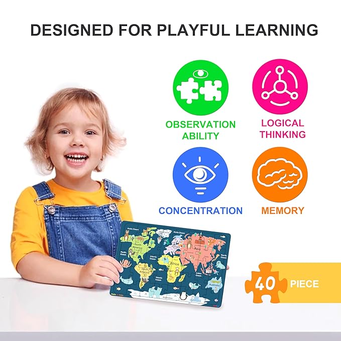 Fiddlys 40 Pcs Paperless Wooden Jigsaw Puzzle for Kids Learning Educational Toy for 4 Years and Above | World Map & Solar System