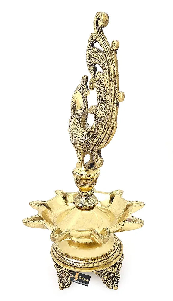 Two Moustaches Peacock Design 9 Oil Wick Brass Diya