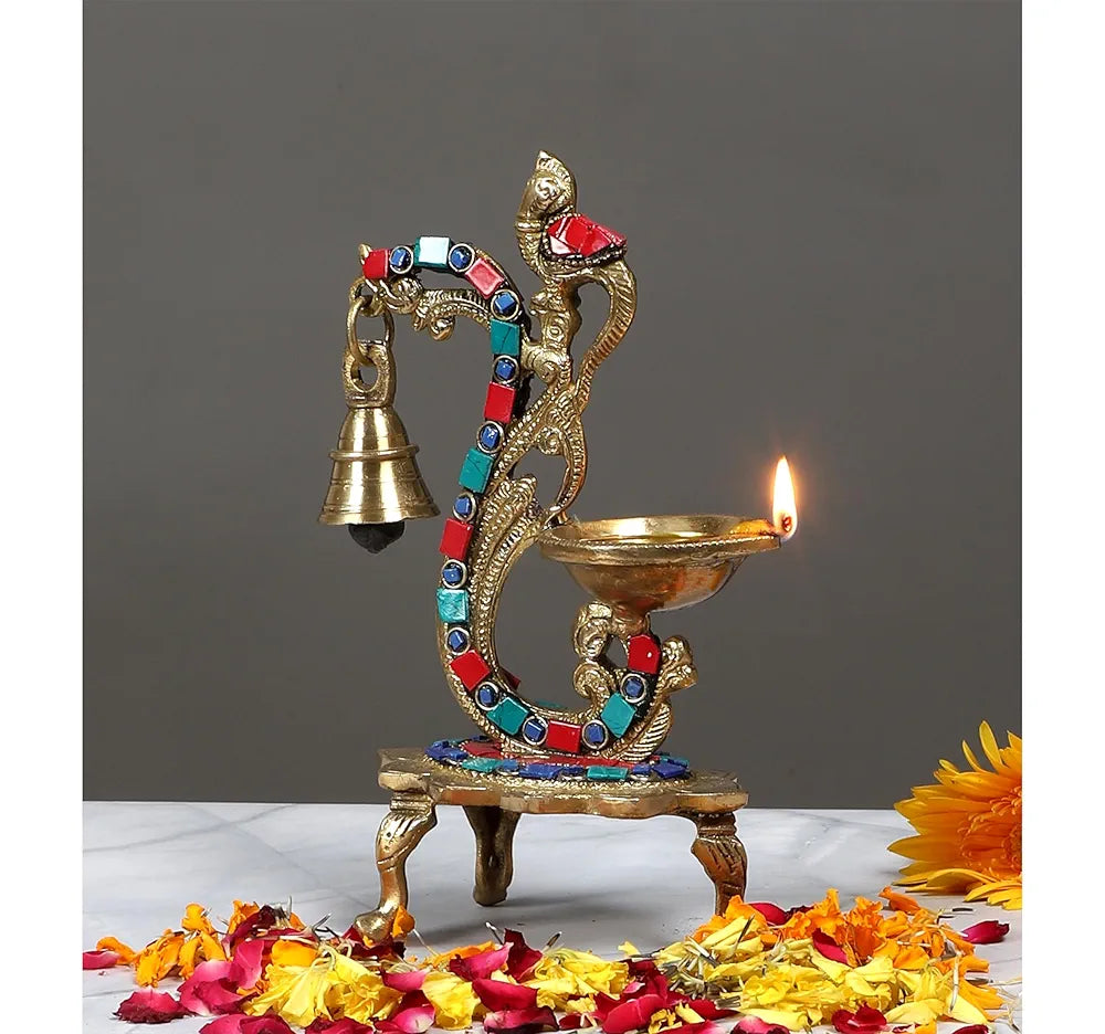 Two Moustaches Gemstone Work Ethnic Carved Peacock Design Brass Diya with Bell