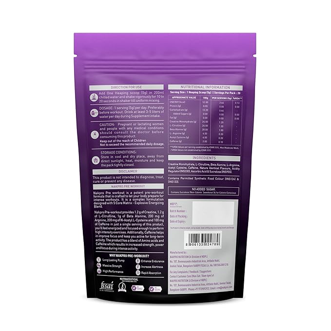 Nakpro Pre Workout Supplement Blueberry Flavour - 100 gms