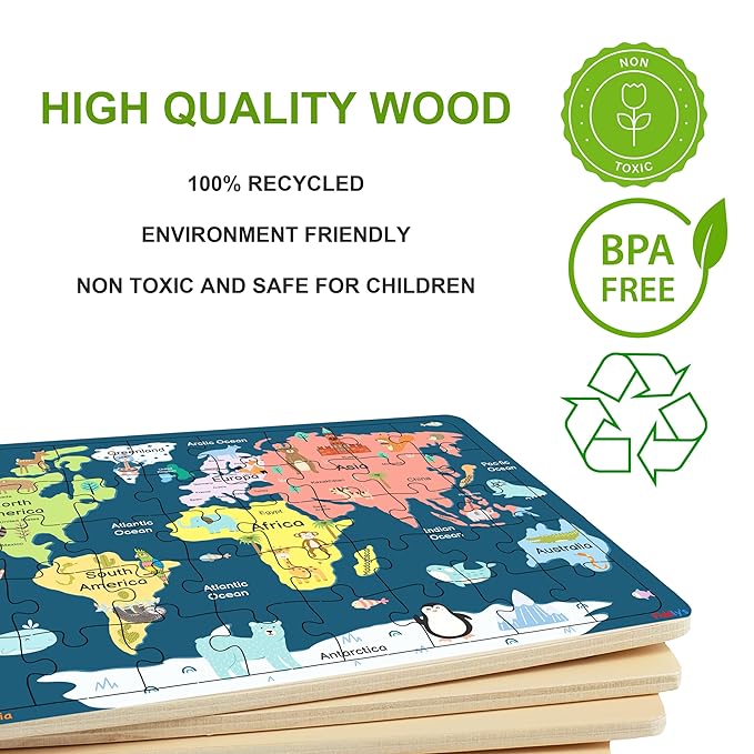 Fiddlys 40 Pcs Paperless Wooden Jigsaw Puzzle for Kids Learning Educational Toy for 4 Years and Above | World Map & Solar System