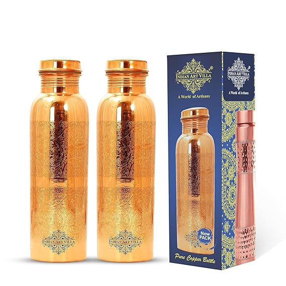 Indian Art Villa Pure Copper Water Bottle with Floral Vines