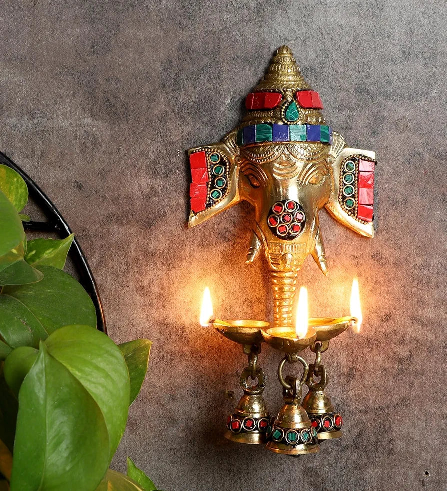 Two Moustaches Gemstone Work Brass Ganesha Wall Hanging Diya with Bells for Home Decor