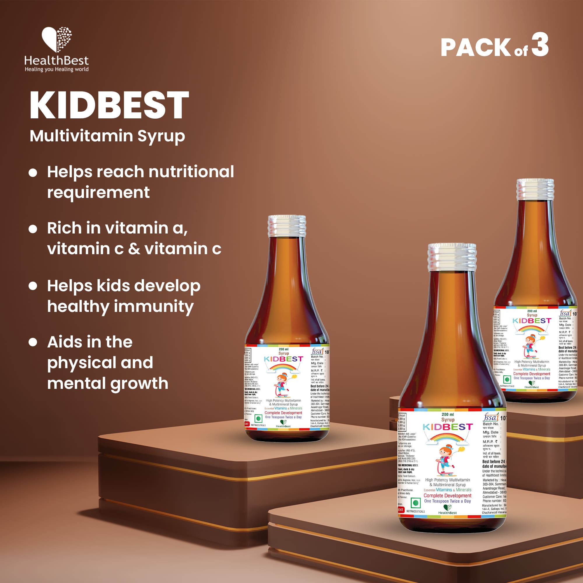 Health Best Kidbest Multivitamin Syrup Pack Of 3 - 200 ml - DesiPick