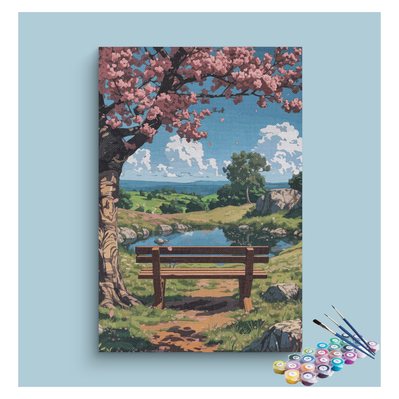 Eazy Arts Cherry Blossom Bench View Paint by Numbers Kit - DesiPick