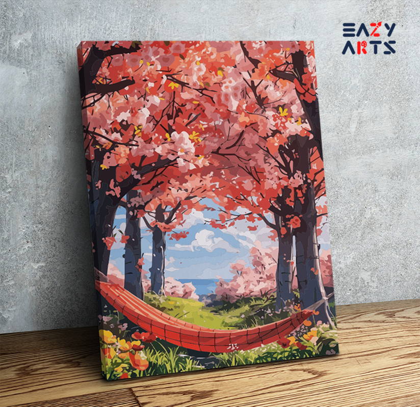 Eazy Arts Cherry Blossom Hammock Retreat Paint by Numbers Kit - DesiPick