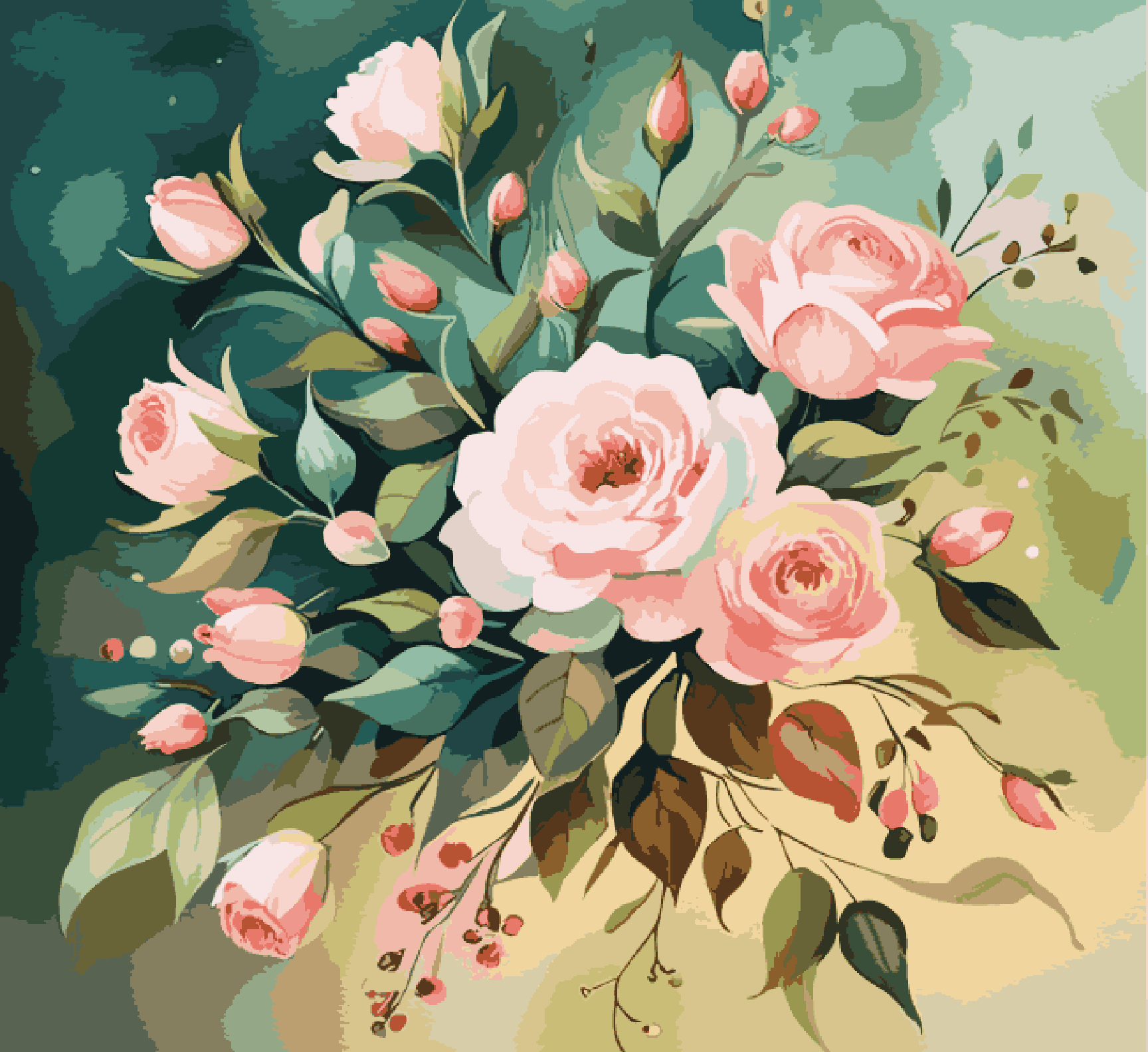 Paint Waint Pink Roses in Green Background - DesiPick