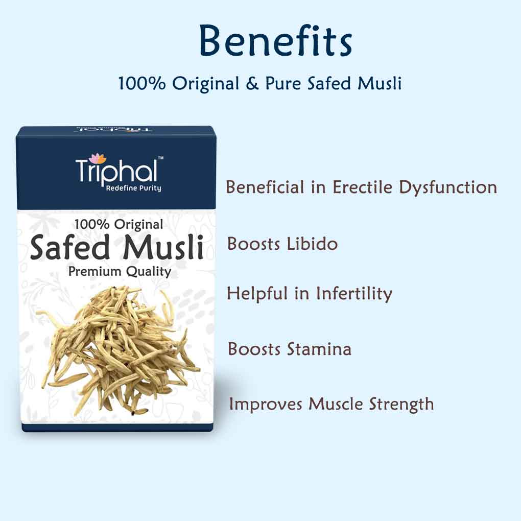 Triphal Safed Musli Whole (Sabut) - Raw and Unprocessed, Herb For Overall Well being