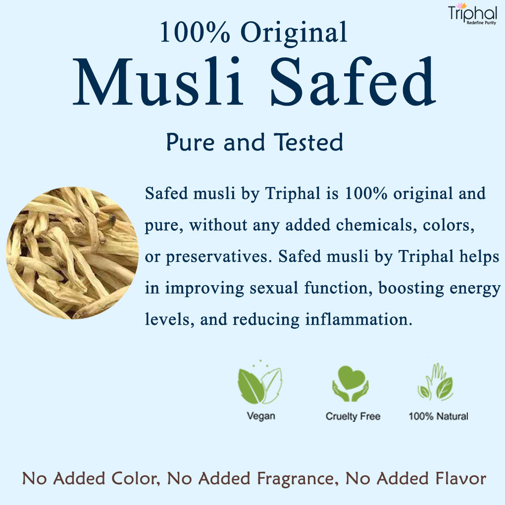 Triphal Safed Musli Whole (Sabut) - Raw and Unprocessed, Herb For Overall Well being