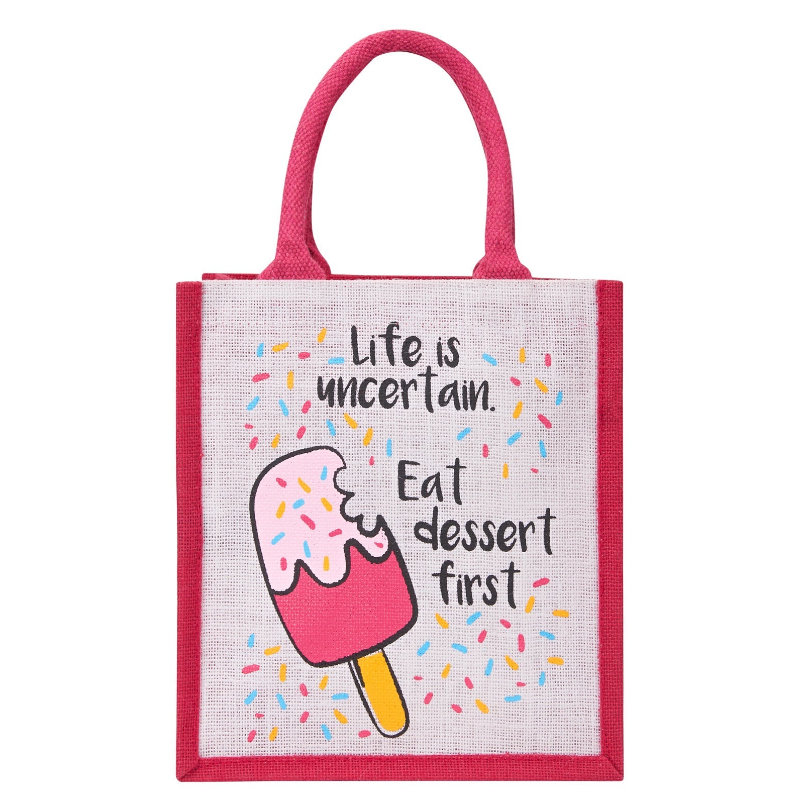 Jute Cottage Life Dessert Print Zipper Lunch Bag 100% Genuine Jute