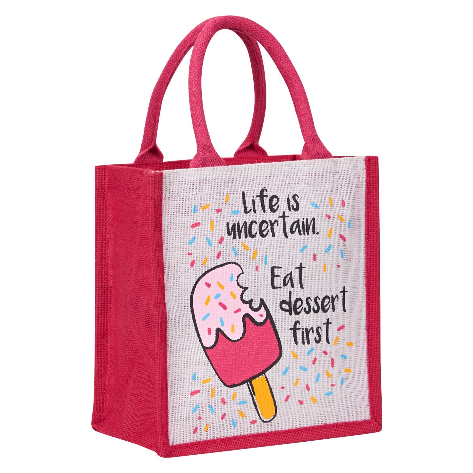 Jute Cottage Life Dessert Print Zipper Lunch Bag 100% Genuine Jute