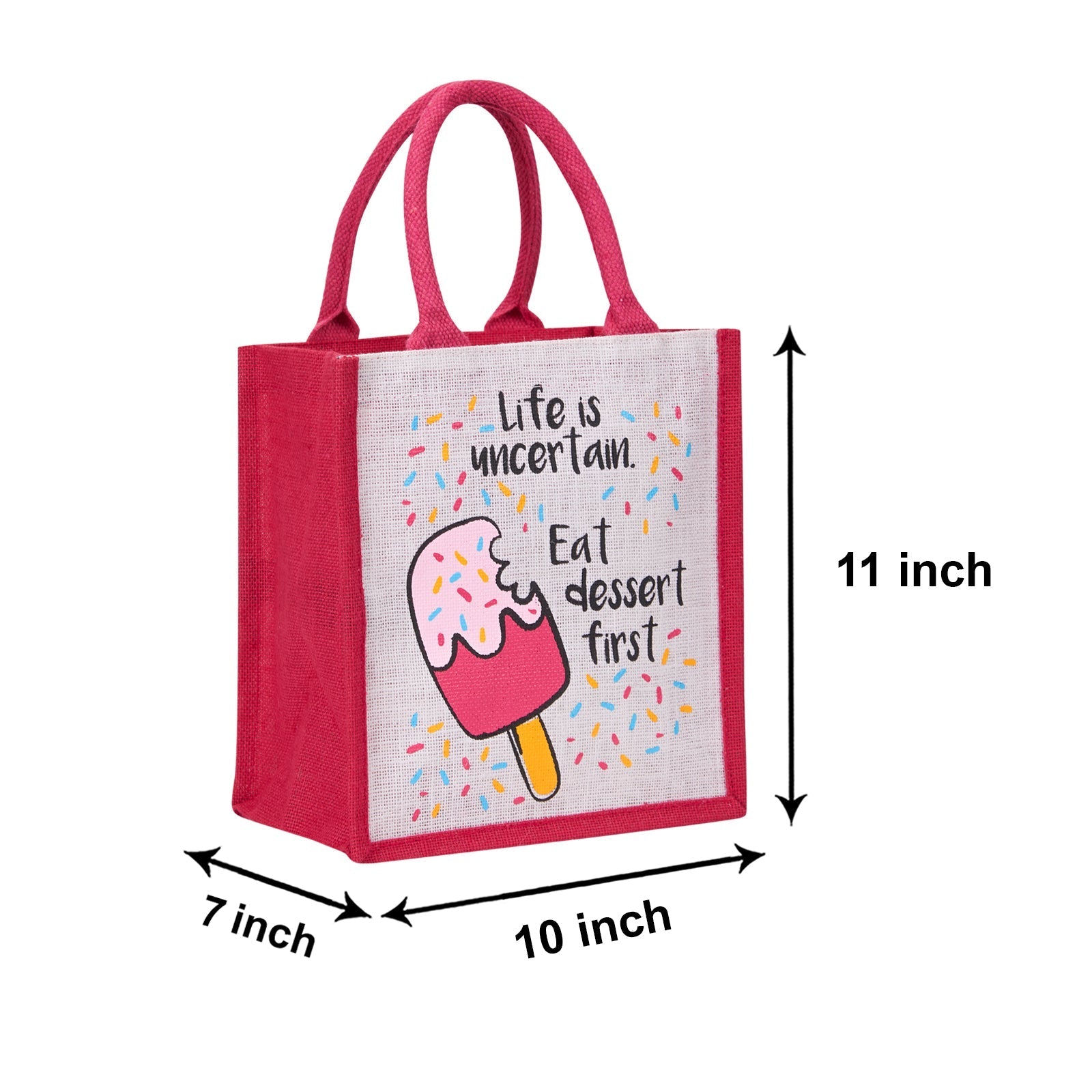 Jute Cottage Life Dessert Print Zipper Lunch Bag 100% Genuine Jute