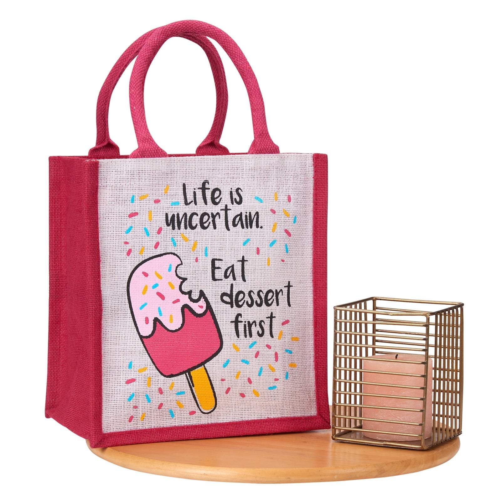 Jute Cottage Life Dessert Print Zipper Lunch Bag 100% Genuine Jute