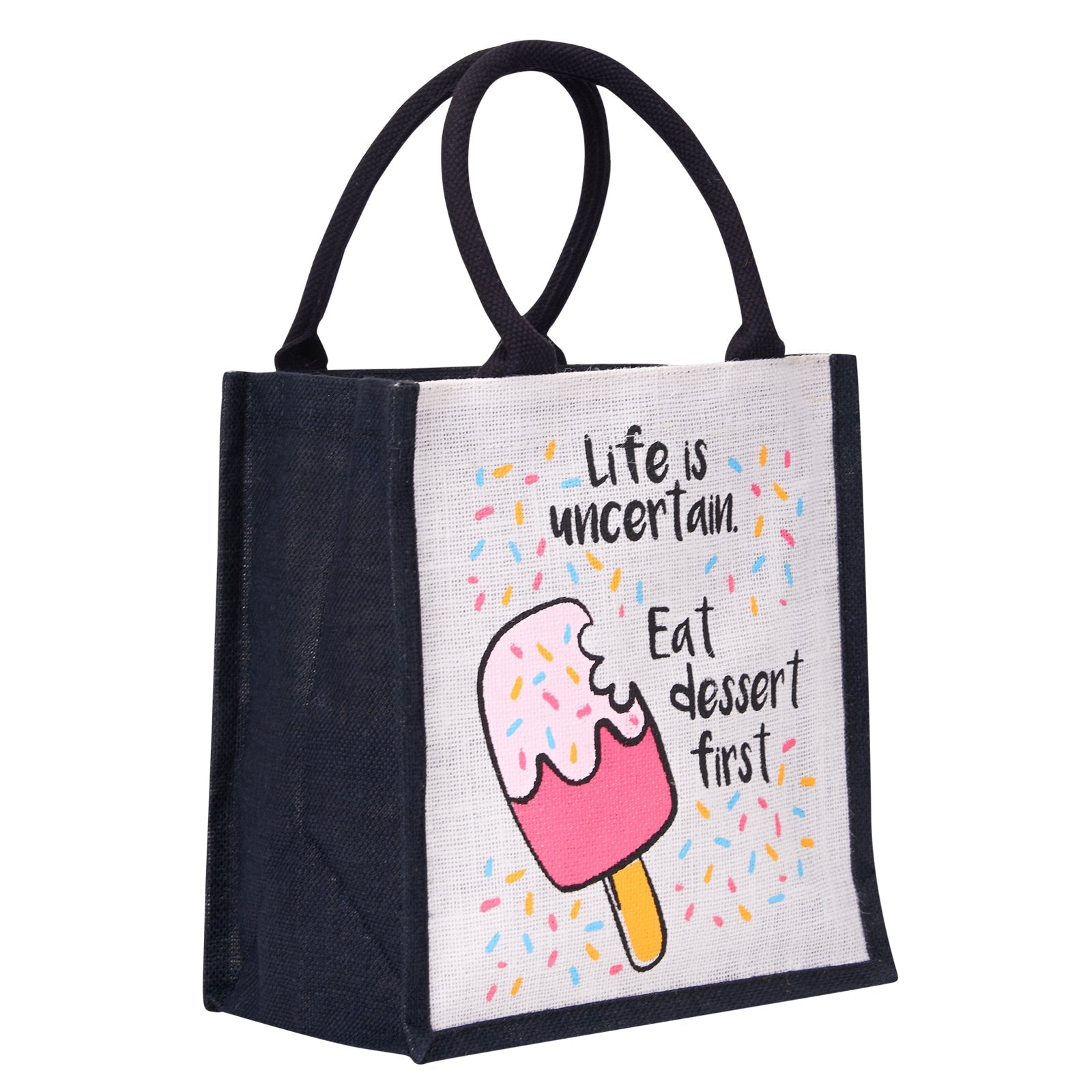 Jute Cottage Life Dessert Print Zipper Lunch Bag 100% Genuine Jute