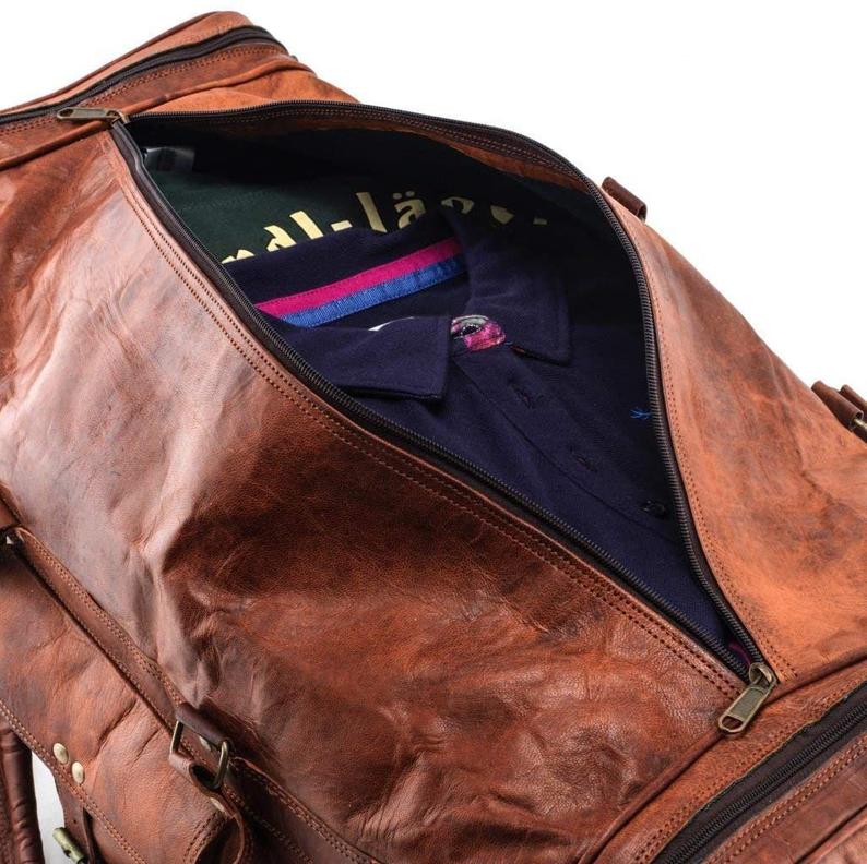 Craftshades – | 22 Inch 3 Compartments (Expandable) Handcrafted Duffle Goat Leather Bag (Brown) | 100% Genuine Leather
