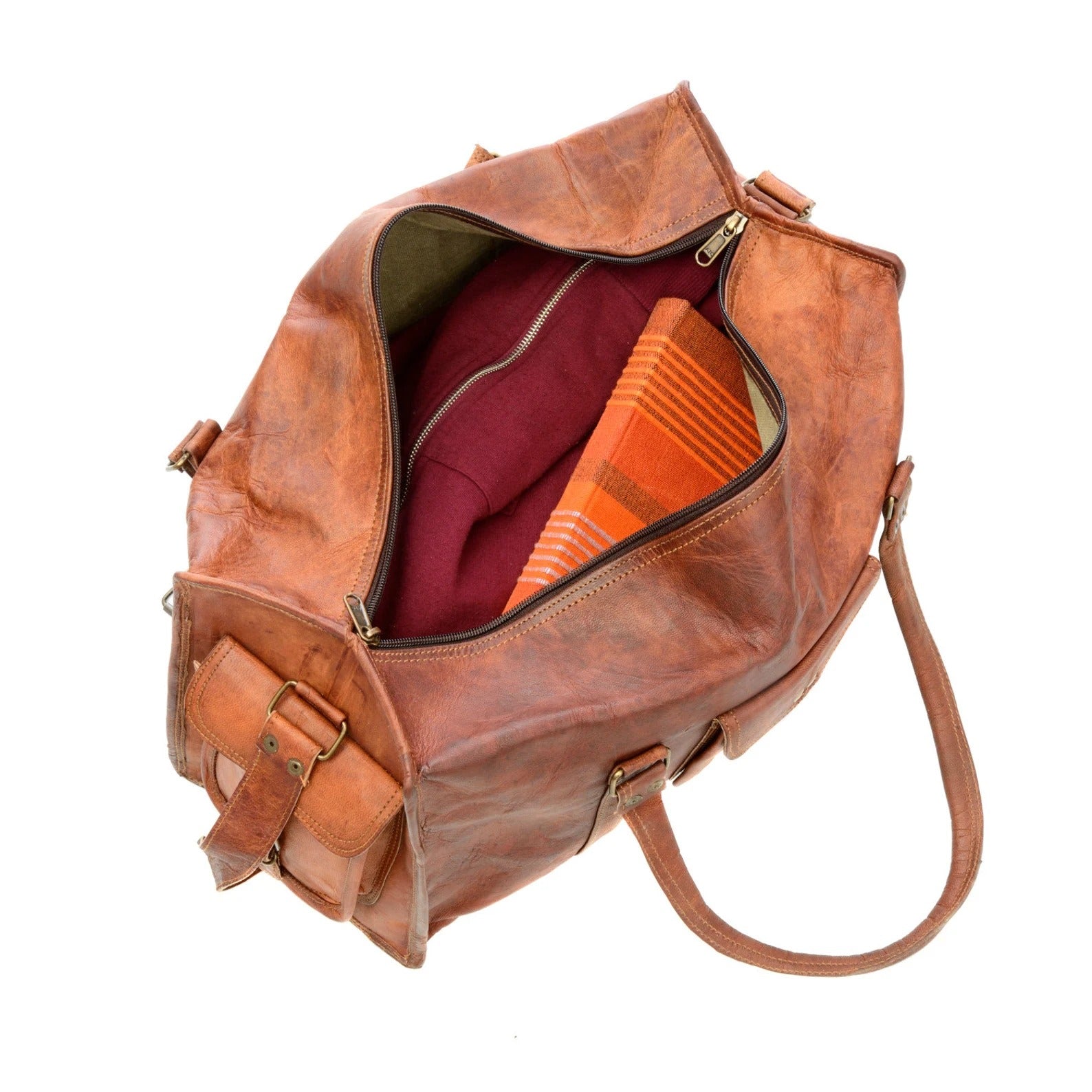 Craftshades – 20 inch 3 Outer Pockets (Expandable) Edge Handcrafted Duffle Goat Leather Bag | 100% Genuine Leather