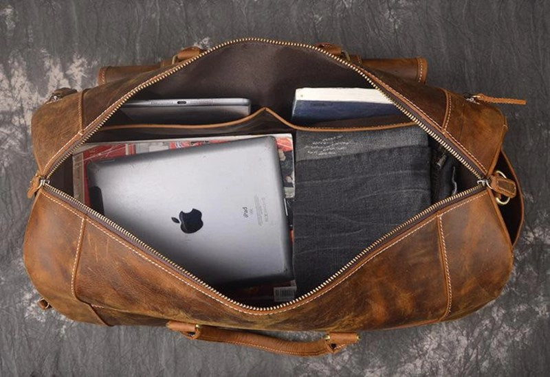 Craftshades – | 22 Inch 3 Compartments (Expandable) Handcrafted Duffle Goat Leather Bag (Brown) | 100% Genuine Leather