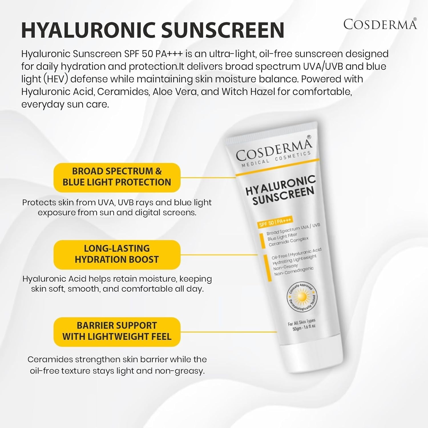 Cosderma Hyaluronic Sunscreen with Ceramide Complex SPF 50 PA+++ UVA,U ...
