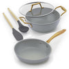 Asai Ceramic Non Stick 3 Pc Cookware Set | Frying Pan (24cm), Kadai (2.5L) + Lid, Free Spatula & Spoon