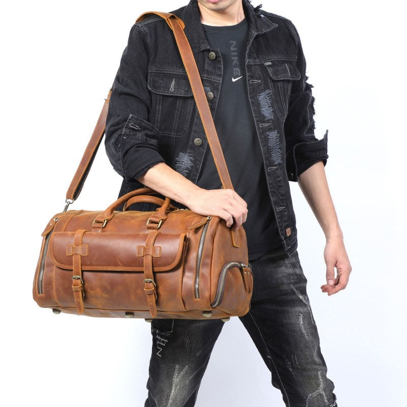 22 inch Buffalo Leather Duffle Bag with Shoes Compartment